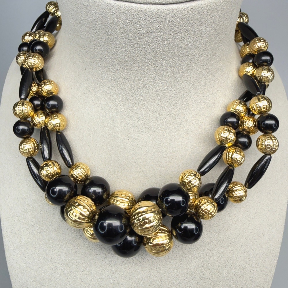 VTG Etruscan Revival Triple Strand Beaded Necklace Black Gold Tone Glam 16"-18"